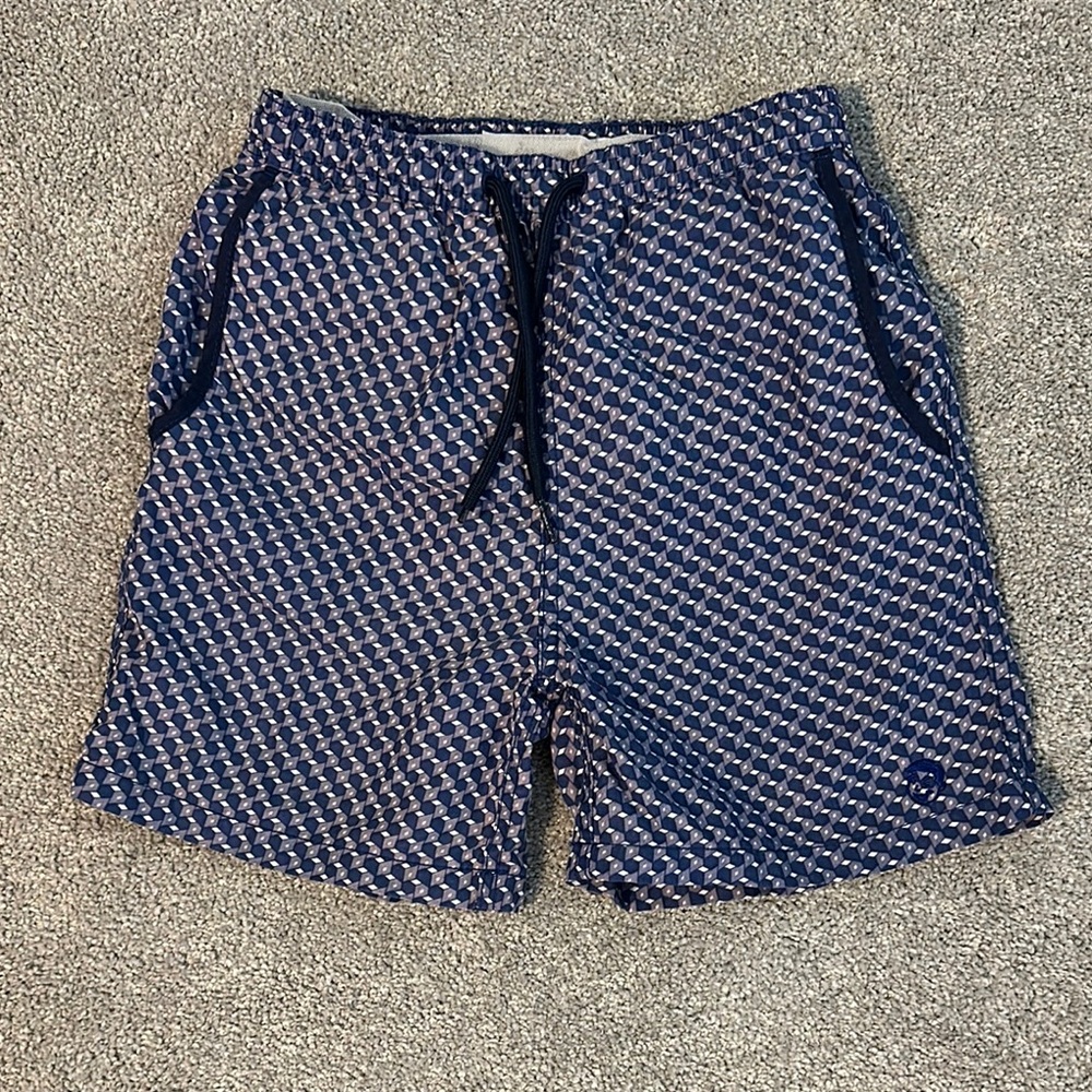 Jr. Swim Blue and White Swim Trunks with Geometric Pattern